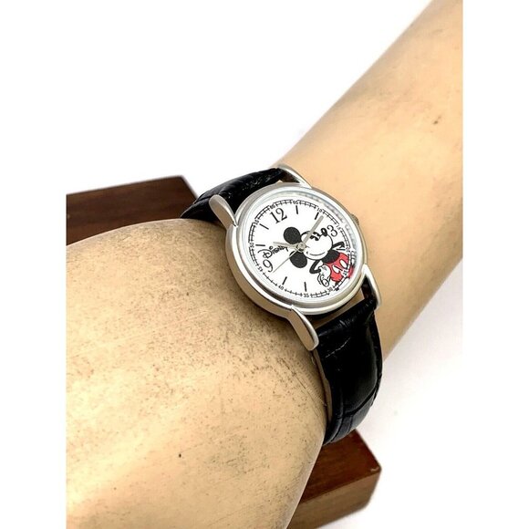 Disney Women's Watch Mickey Mouse Silver Dial Quartz Black Leather Band 27mm - Picture 5 of 13